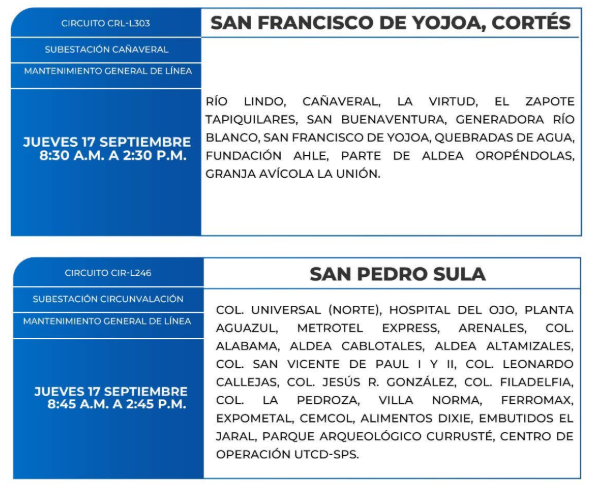 Lista de colonias que no tendrán luz este jueves debido a cortes de energía eléctrica programados por la ENEE