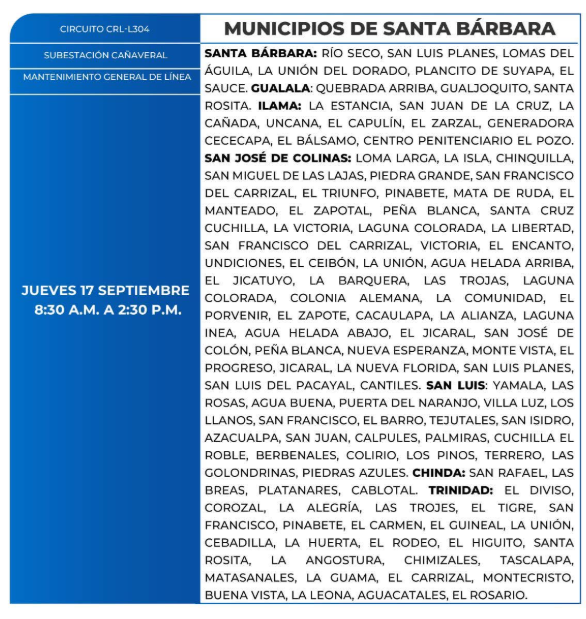Lista de colonias que no tendrán luz este jueves debido a cortes de energía eléctrica programados por la ENEE