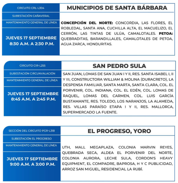 Lista de colonias que no tendrán luz este jueves debido a cortes de energía eléctrica programados por la ENEE