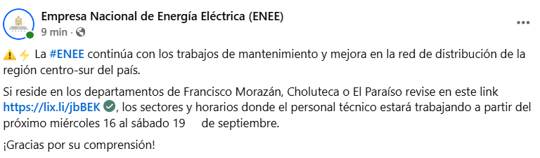 Comunicado de la ENEE sobre los cortes de energía eléctrica programados en Honduras