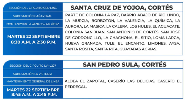 Lista de colonias que no tendrán luz este martes debido a cortes de energía eléctrica programados por la ENEE
