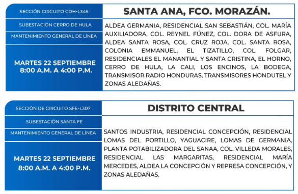 Lista de colonias que no tendrán luz este martes debido a cortes de energía eléctrica programados por la ENEE
