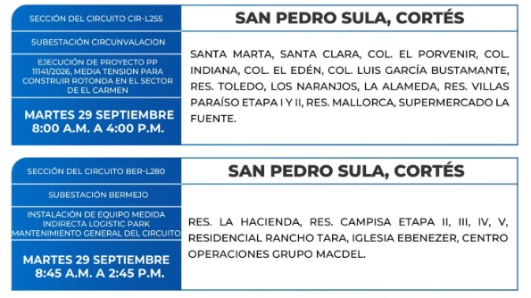 Lista de colonias que no tendrán luz este martes debido a cortes de energía eléctrica programados por la ENEE