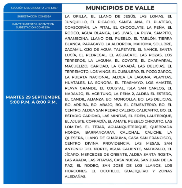 Lista de colonias que no tendrán luz este martes debido a cortes de energía eléctrica programados por la ENEE
