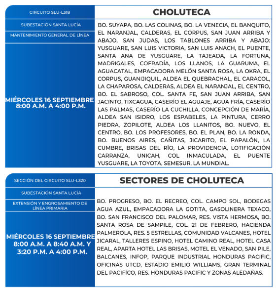 Lista de colonias que no tendrán luz este miércoles debido a cortes de energía eléctrica programados por la ENEE