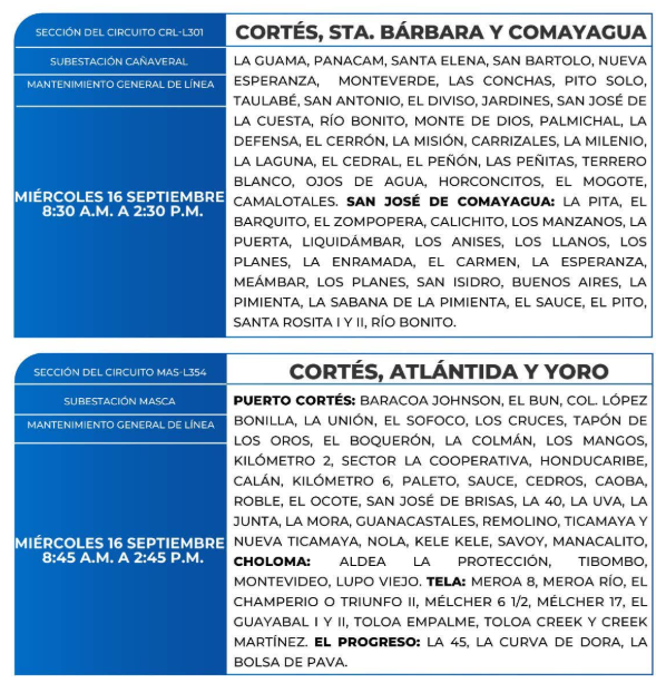 Lista de colonias que no tendrán luz este miércoles debido a cortes de energía eléctrica programados por la ENEE