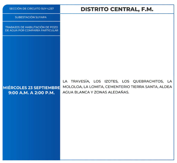 Lista de colonias que no tendrán luz este miércoles debido a cortes de energía eléctrica programados por la ENEE