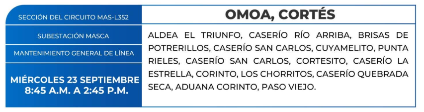 Lista de colonias que no tendrán luz este miércoles debido a cortes de energía eléctrica programados por la ENEE