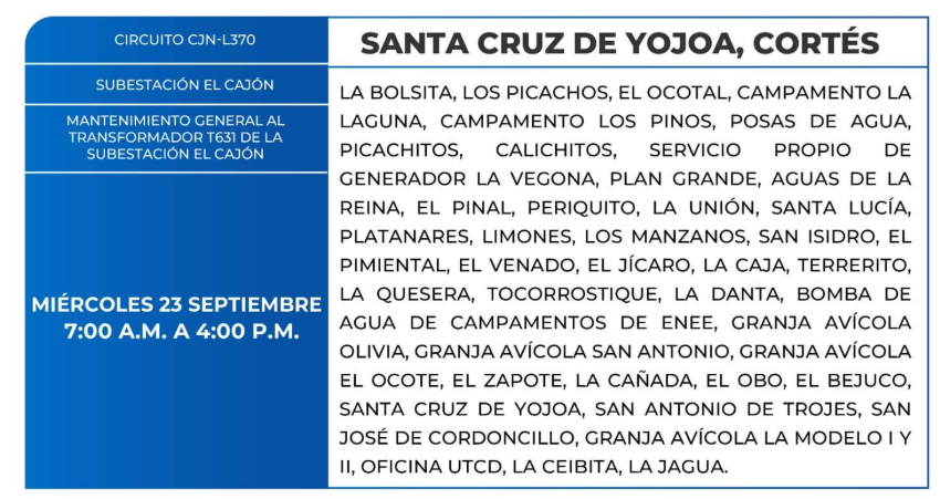 Lista de colonias que no tendrán luz este miércoles debido a cortes de energía eléctrica programados por la ENEE
