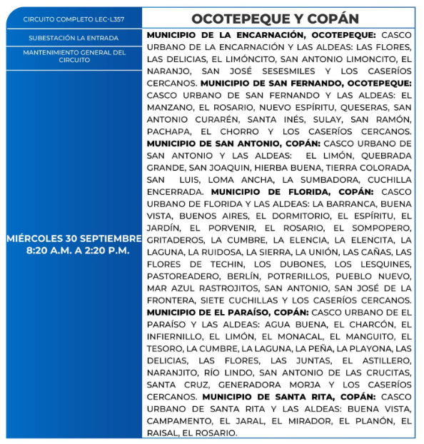 Lista de colonias que no tendrán luz este miércoles debido a cortes de energía eléctrica programados por la ENEE