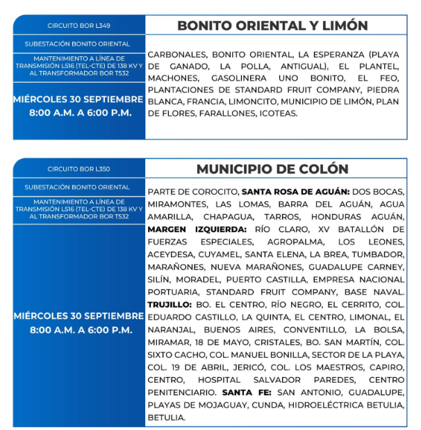 Lista de colonias que no tendrán luz este miércoles debido a cortes de energía eléctrica programados por la ENEE