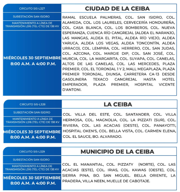 Lista de colonias que no tendrán luz este miércoles debido a cortes de energía eléctrica programados por la ENEE