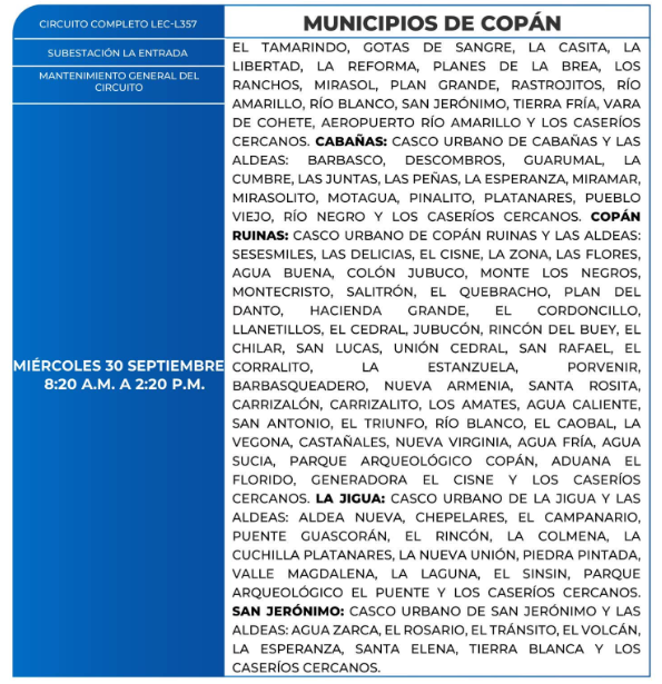 Lista de colonias que no tendrán luz este miércoles debido a cortes de energía eléctrica programados por la ENEE