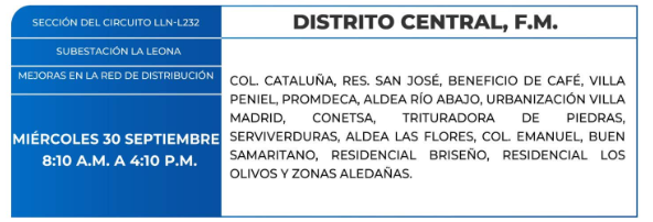 Lista de colonias que no tendrán luz este miércoles debido a cortes de energía eléctrica programados por la ENEE