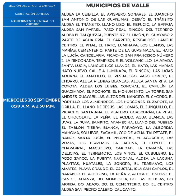 Lista de colonias que no tendrán luz este miércoles debido a cortes de energía eléctrica programados por la ENEE