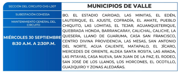 Lista de colonias que no tendrán luz este miércoles debido a cortes de energía eléctrica programados por la ENEE