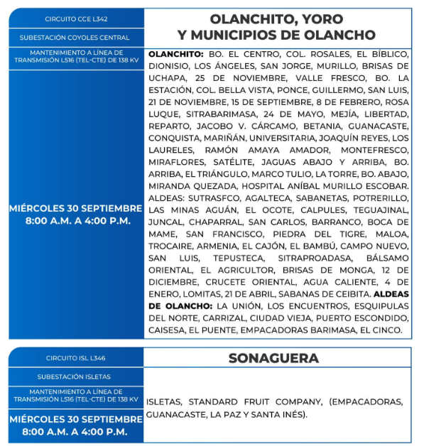 Lista de colonias que no tendrán luz este miércoles debido a cortes de energía eléctrica programados por la ENEE