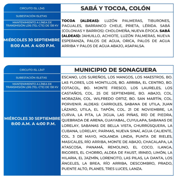 Lista de colonias que no tendrán luz este miércoles debido a cortes de energía eléctrica programados por la ENEE