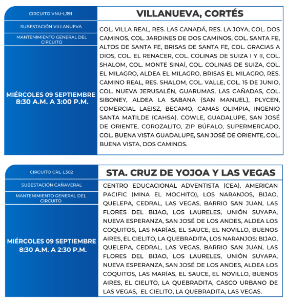 Lista de colonias que no tendrán luz este miércoles debido a cortes de energía eléctrica programados por la ENEE