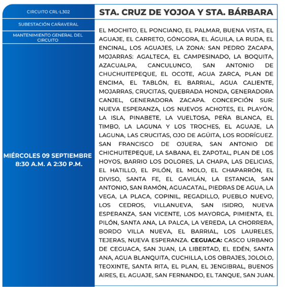 Lista de colonias que no tendrán luz este miércoles debido a cortes de energía eléctrica programados por la ENEE