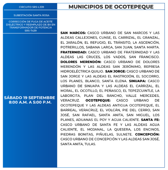 Lista de colonias que no tendrán luz este sábado debido a cortes de energía eléctrica programados por la ENEE