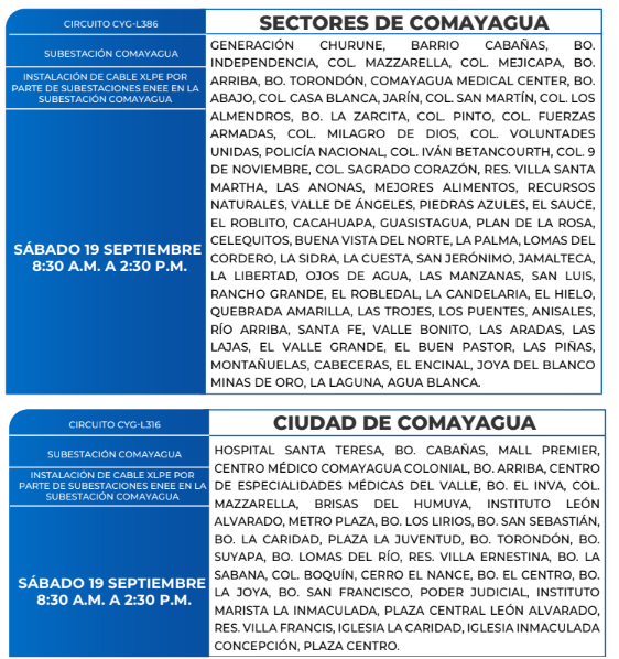 Lista de colonias que no tendrán luz este sábado debido a cortes de energía eléctrica programados por la ENEE