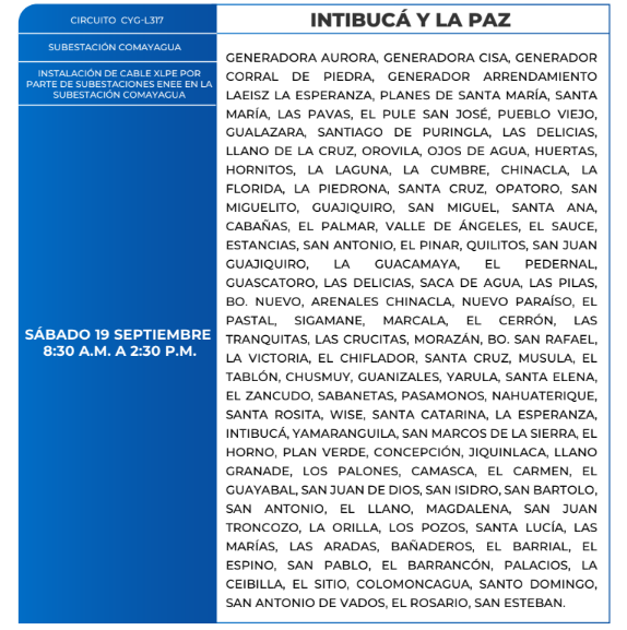 Lista de colonias que no tendrán luz este sábado debido a cortes de energía eléctrica programados por la ENEE