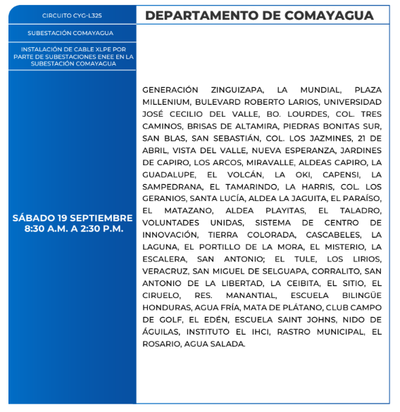 Lista de colonias que no tendrán luz este sábado debido a cortes de energía eléctrica programados por la ENEE