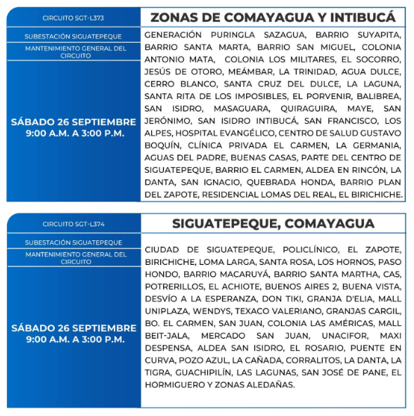 Lista de colonias que no tendrán luz este sábado debido a cortes de energía eléctrica programados por la ENEE