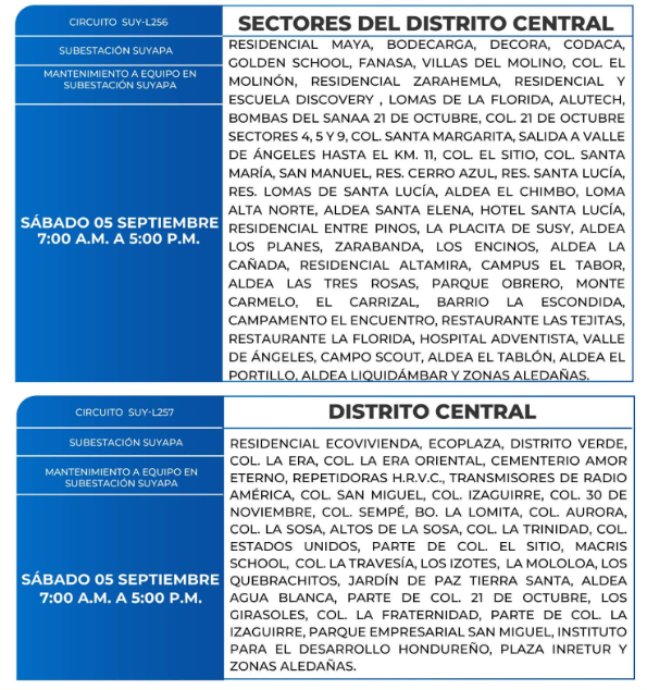 Lista de colonias que no tendrán luz este lunes debido a cortes de energía eléctrica programados por la ENEE