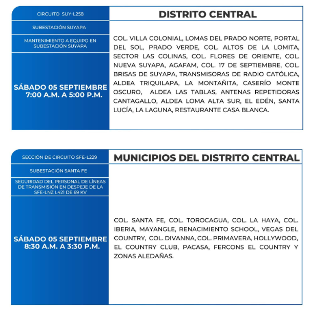 Lista de colonias que no tendrán luz este lunes debido a cortes de energía eléctrica programados por la ENEE