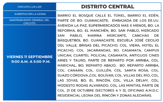 Lista de colonias que no tendrán luz este viernes debido a cortes de energía eléctrica programados por la ENEE