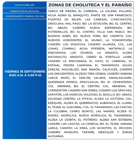 Lista de colonias que no tendrán luz este viernes debido a cortes de energía eléctrica programados por la ENEE