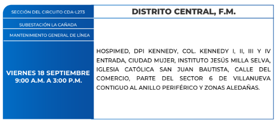 Lista de colonias que no tendrán luz este viernes debido a cortes de energía eléctrica programados por la ENEE