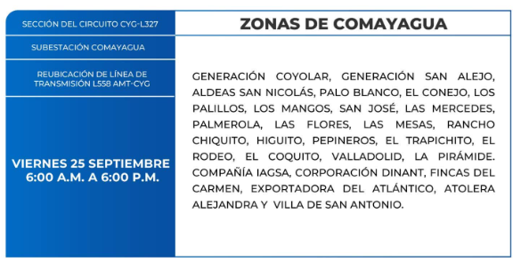 Lista de colonias que no tendrán luz este viernes debido a cortes de energía eléctrica programados por la ENEE