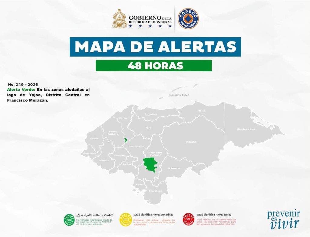 Mapa con la alerta verde vigente en Honduras