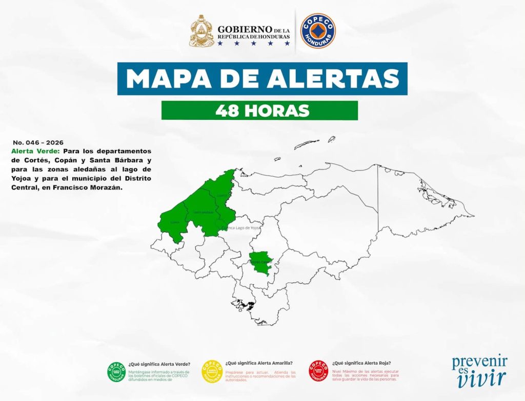 Mapa con la alerta verde vigente en Honduras