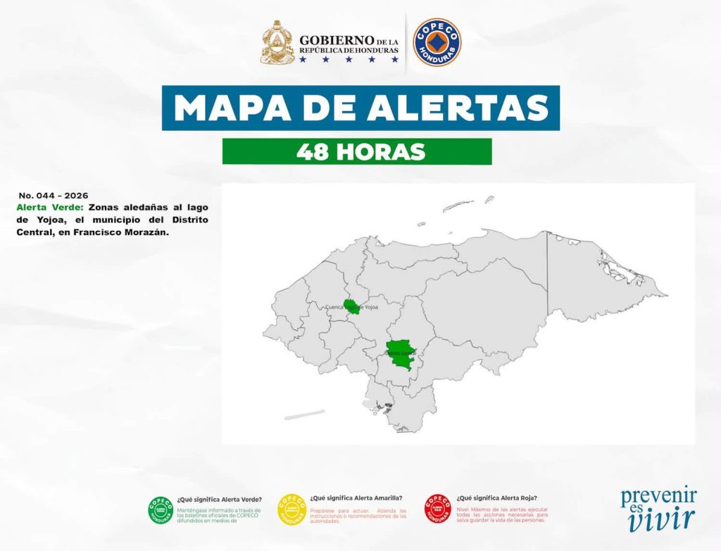 Mapa de alerta verde vigente en Honduras