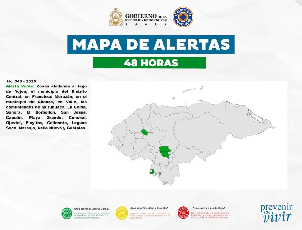 Mapa de alerta verde vigente en Honduras