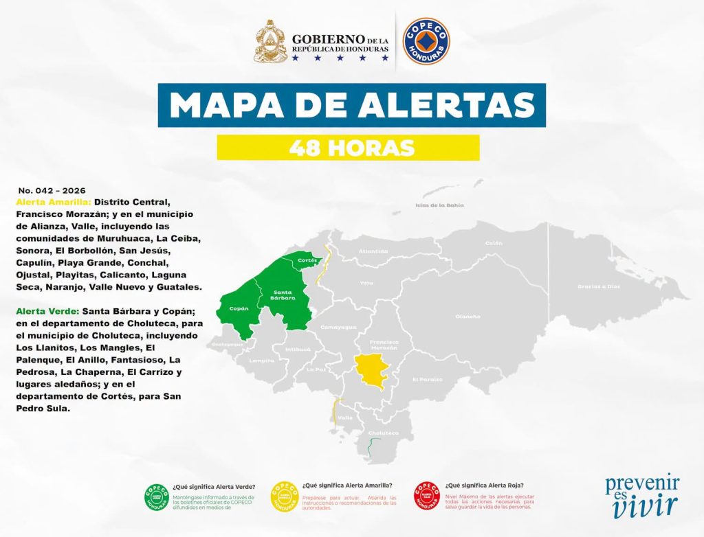 Mapa con las alertas vigentes en Honduras por lluvias