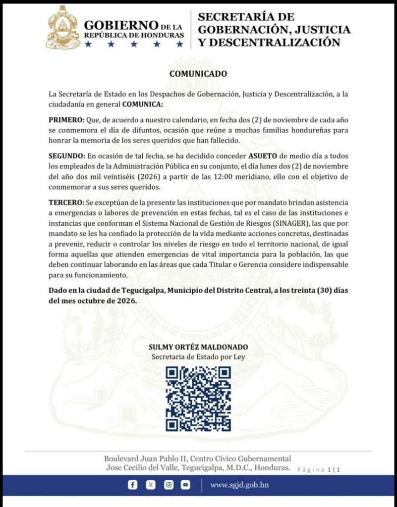 Comunicado sobre el asueto por el Día de los Difuntos en Honduras en 2026