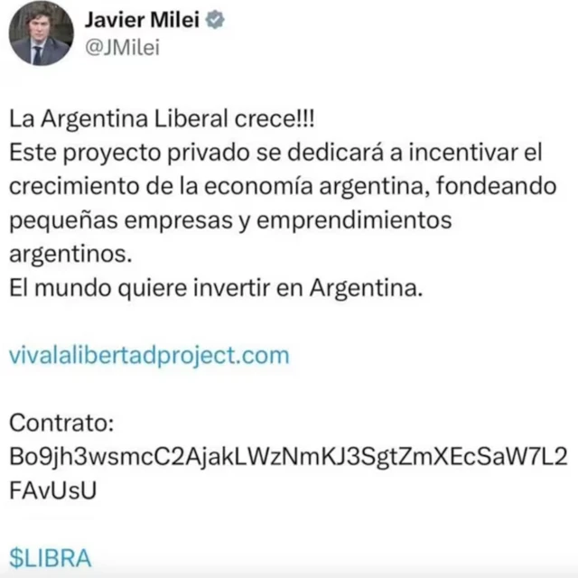 Captura de pantalla de la publicación que realizó Javier Milei en X sobre la criptomoneda $LIBRA, lo cual lo puso en el ojo público al igual que su hermana Karina Milei por una presunta estafa