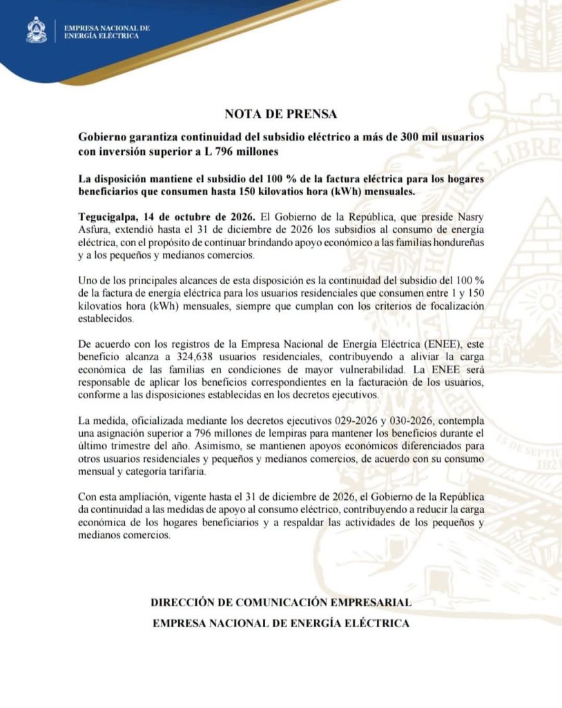Comunicado de la ENEE