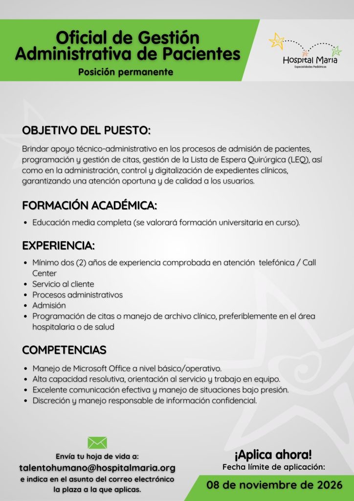 Anuncio del Hospital María sobre vacantes disponibles