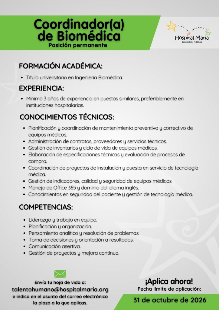 Anuncio del Hospital María sobre vacantes disponibles