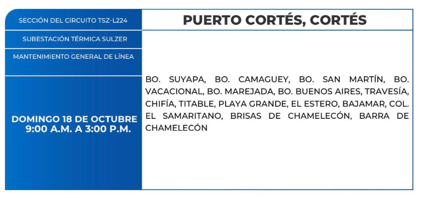 Lista de colonias que no tendrán luz este domingo debido a cortes de energía eléctrica programados por la ENEE