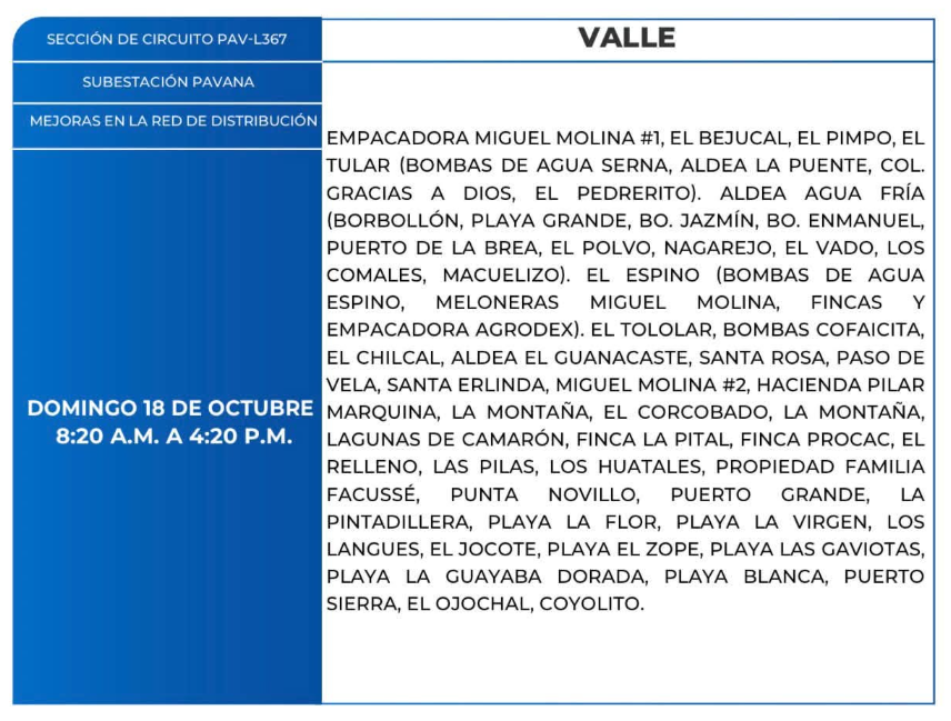 Lista de colonias que no tendrán luz este domingo debido a cortes de energía eléctrica programados por la ENEE
