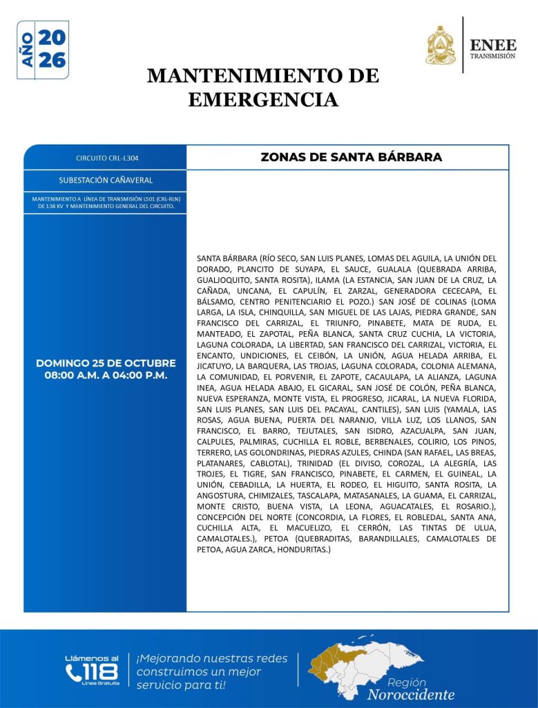 Lista de colonias que no tendrán luz este viernes debido a cortes de energía eléctrica programados por la ENEE