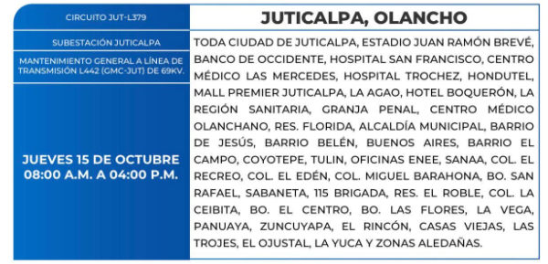 Lista de colonias que no tendrán luz este jueves debido a cortes de energía eléctrica programados por la ENEE