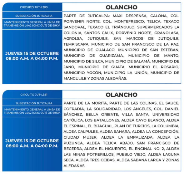 Lista de colonias que no tendrán luz este jueves debido a cortes de energía eléctrica programados por la ENEE